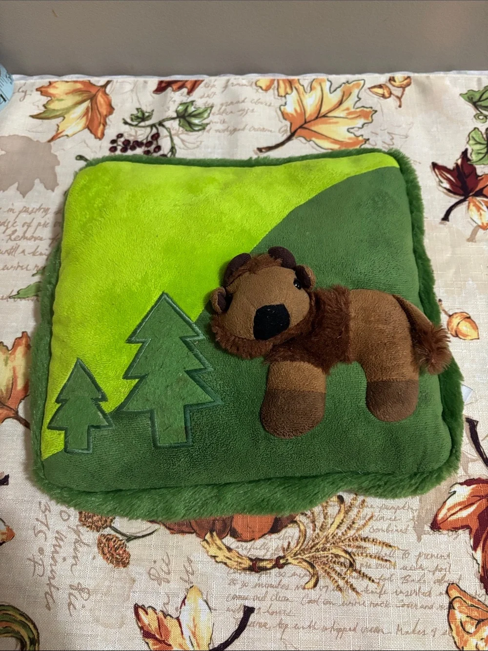 Green Woodland Plush Cushion with Attached Brown Buffalo